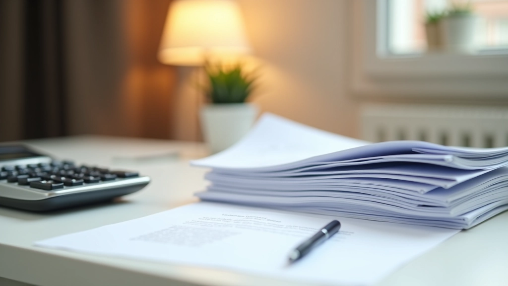 Pile de documents administratifs de copropriété avec stylo et calculatrice sur un bureau moderne