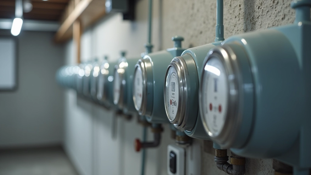 Accès au sous-sol d'immeuble avec rangée de compteurs d'eau alignés sur le mur, numérotés et bien éclairés