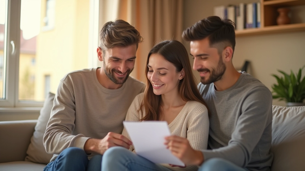 Famille française dans un salon moderne avec thermostat visible sur le mur, regardant un document de consommation énergétique