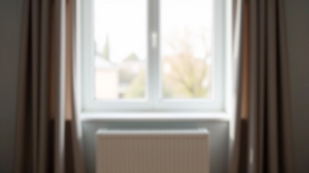 Fenêtre fermée de salon avec radiateur blanc sous la vitre, rideaux partiellement fermés
