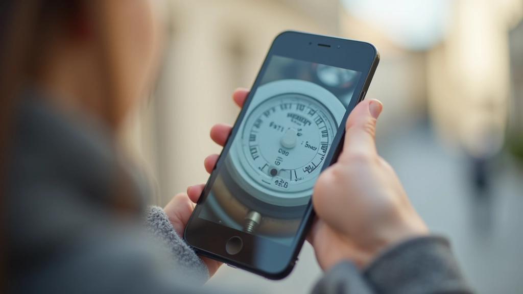 Main tenant un smartphone affichant la photo d'un compteur d'eau en gros plan, écran brillant, cadre bien centré
