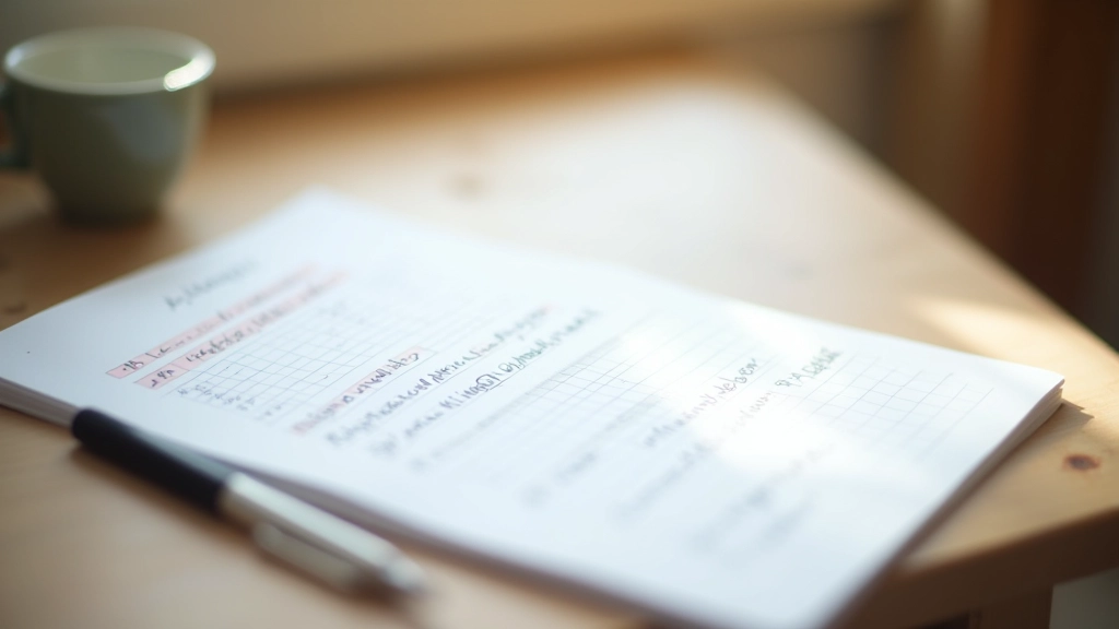 Cahier de suivi avec colonnes datées et nombres écrits à l'encre, stylo bleu à côté, sur table en bois clair
