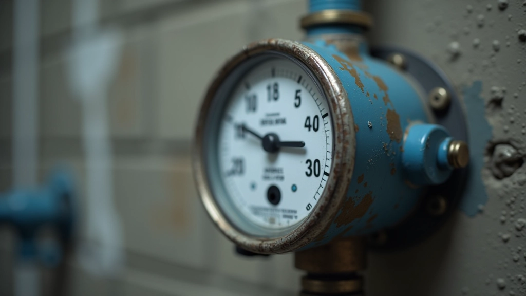 Compteur d'eau ancien fixé au mur d'une cave avec chiffres visibles